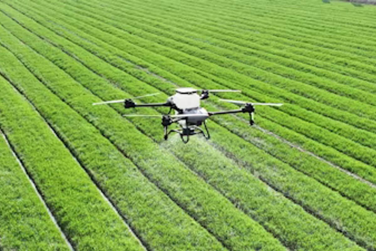 An agricultural drone flying above crop rows